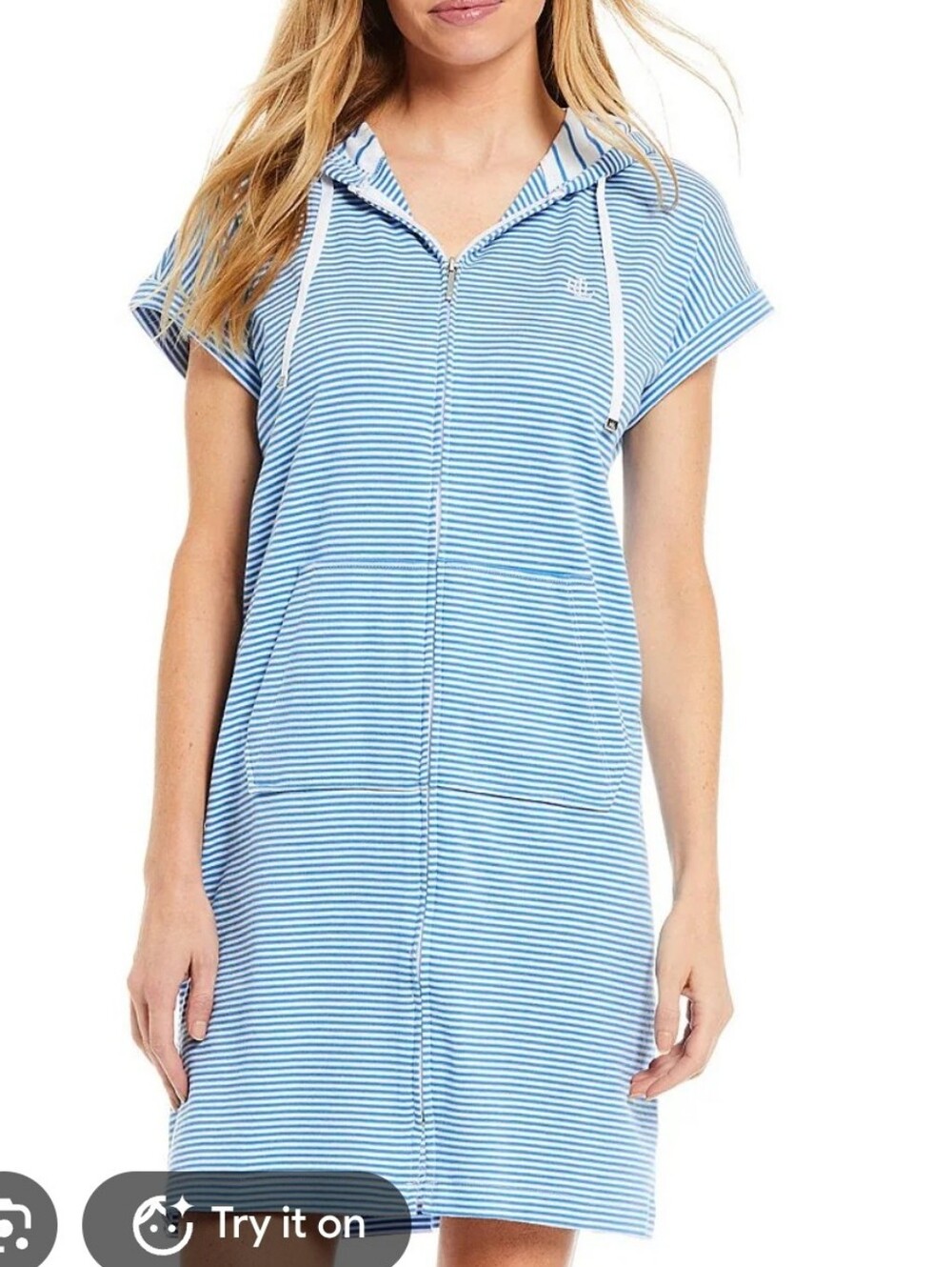 Lauren Ralph Lauren Blue and White Striped Hooded Swim Coverup